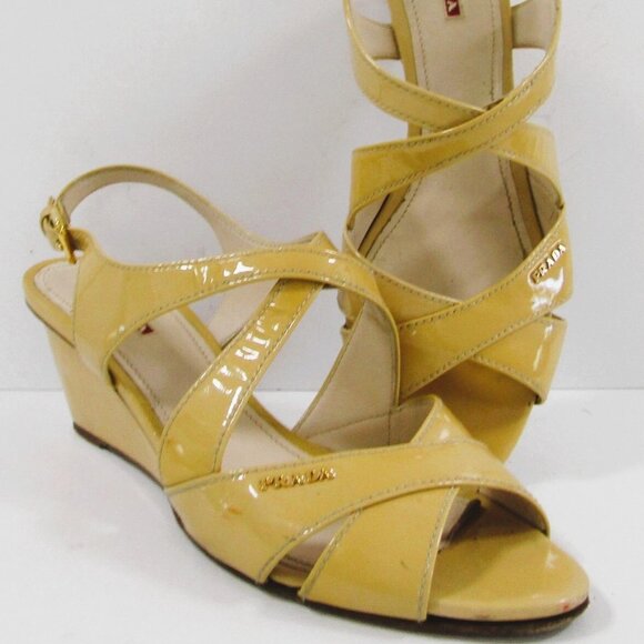 Authentic Prada Beige Patent Leather Heeled Wedge Size 42 US 11.5 - Picture 1 of 9